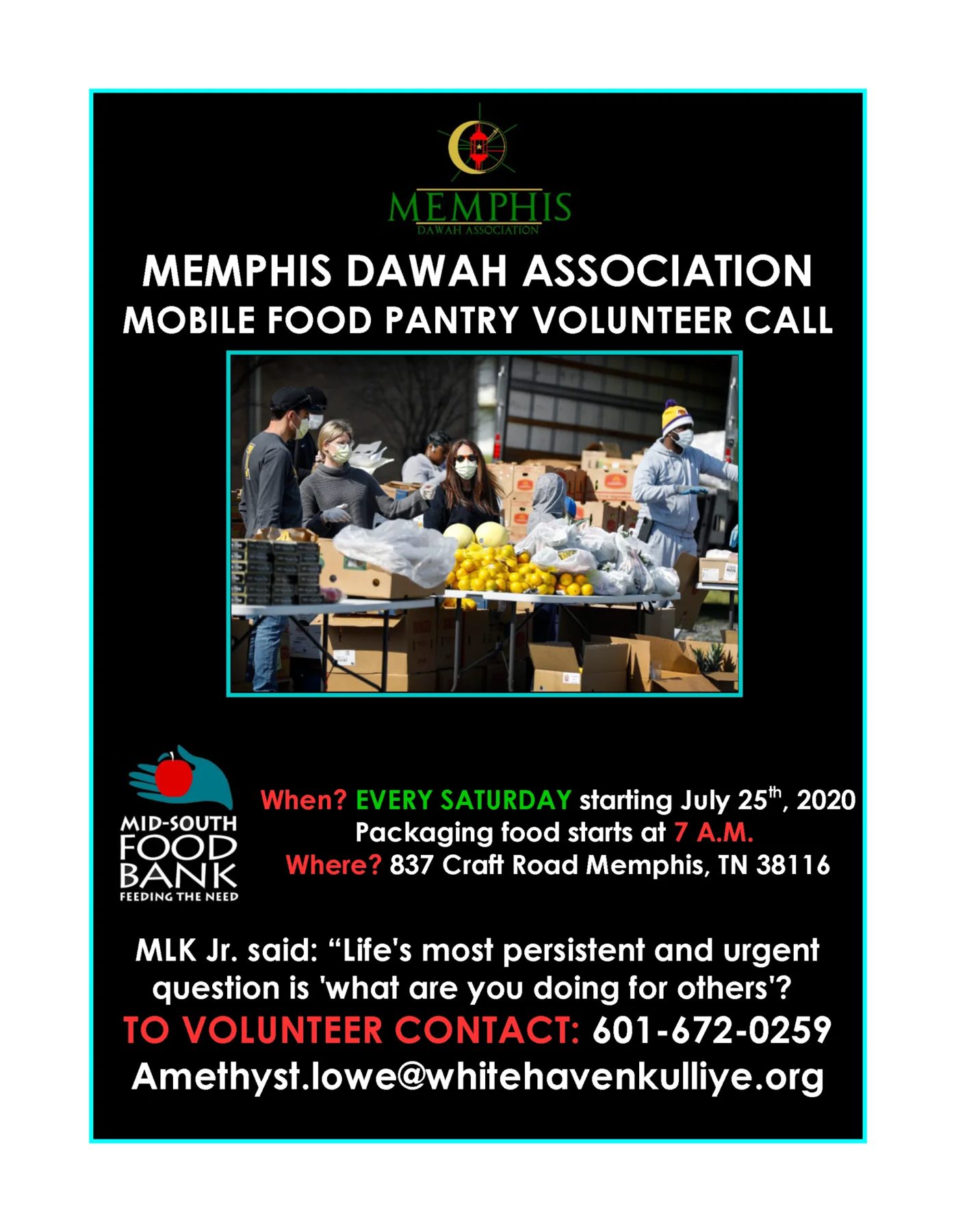 Mobile food pantry volunteer flyer.